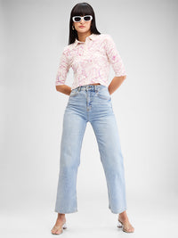 Women T-Shirt Print White Slim Fit