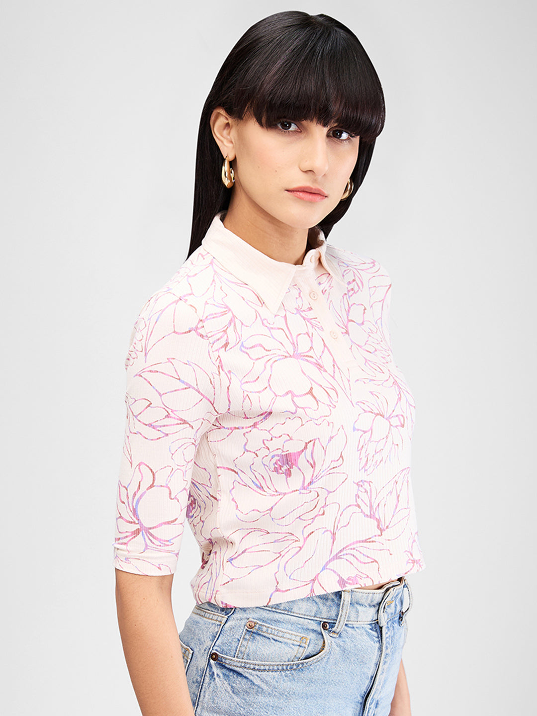 Women T-Shirt Print White Slim Fit