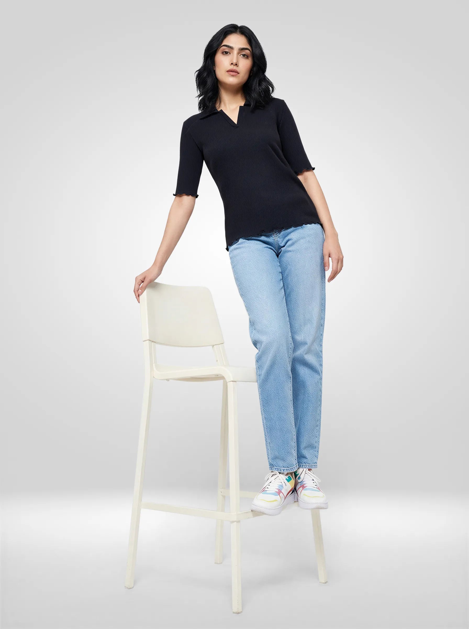 Women T-Shirt Textured Black Regular Fit