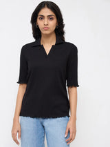 Women T-Shirt Textured Black Regular Fit