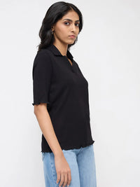 Women T-Shirt Textured Black Regular Fit