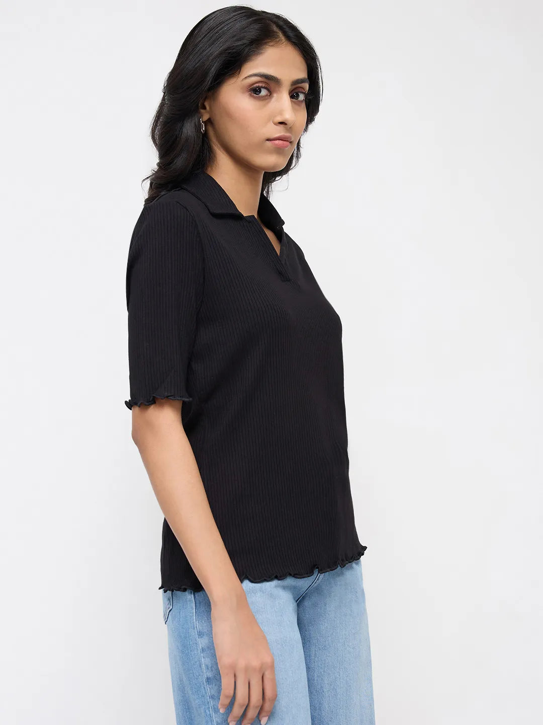 Women T-Shirt Textured Black Regular Fit