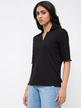 Women T-Shirt Textured Black Regular Fit