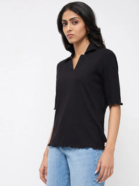 Women T-Shirt Textured Black Regular Fit