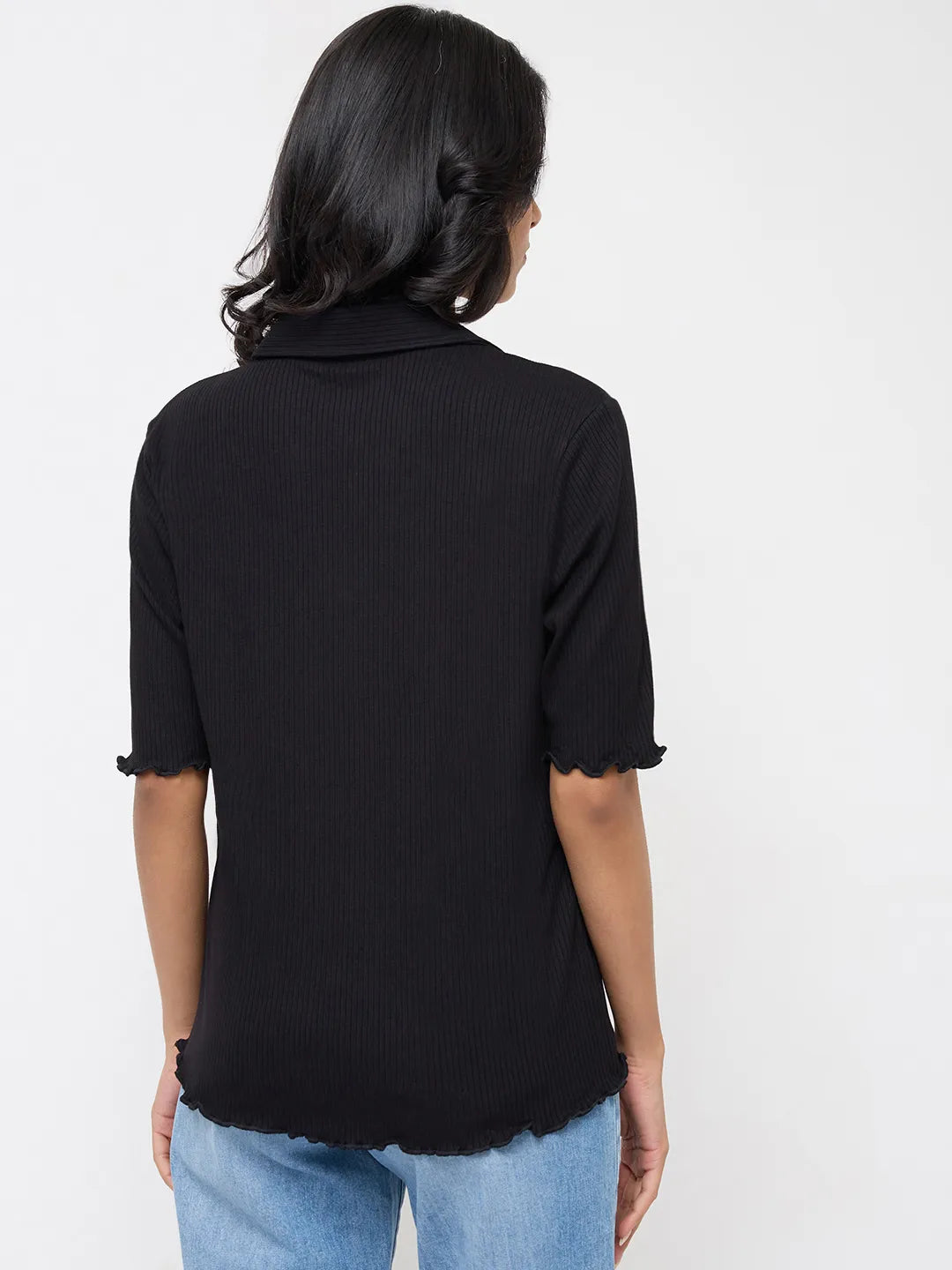 Women T-Shirt Textured Black Regular Fit