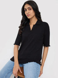 Women T-Shirt Textured Black Regular Fit