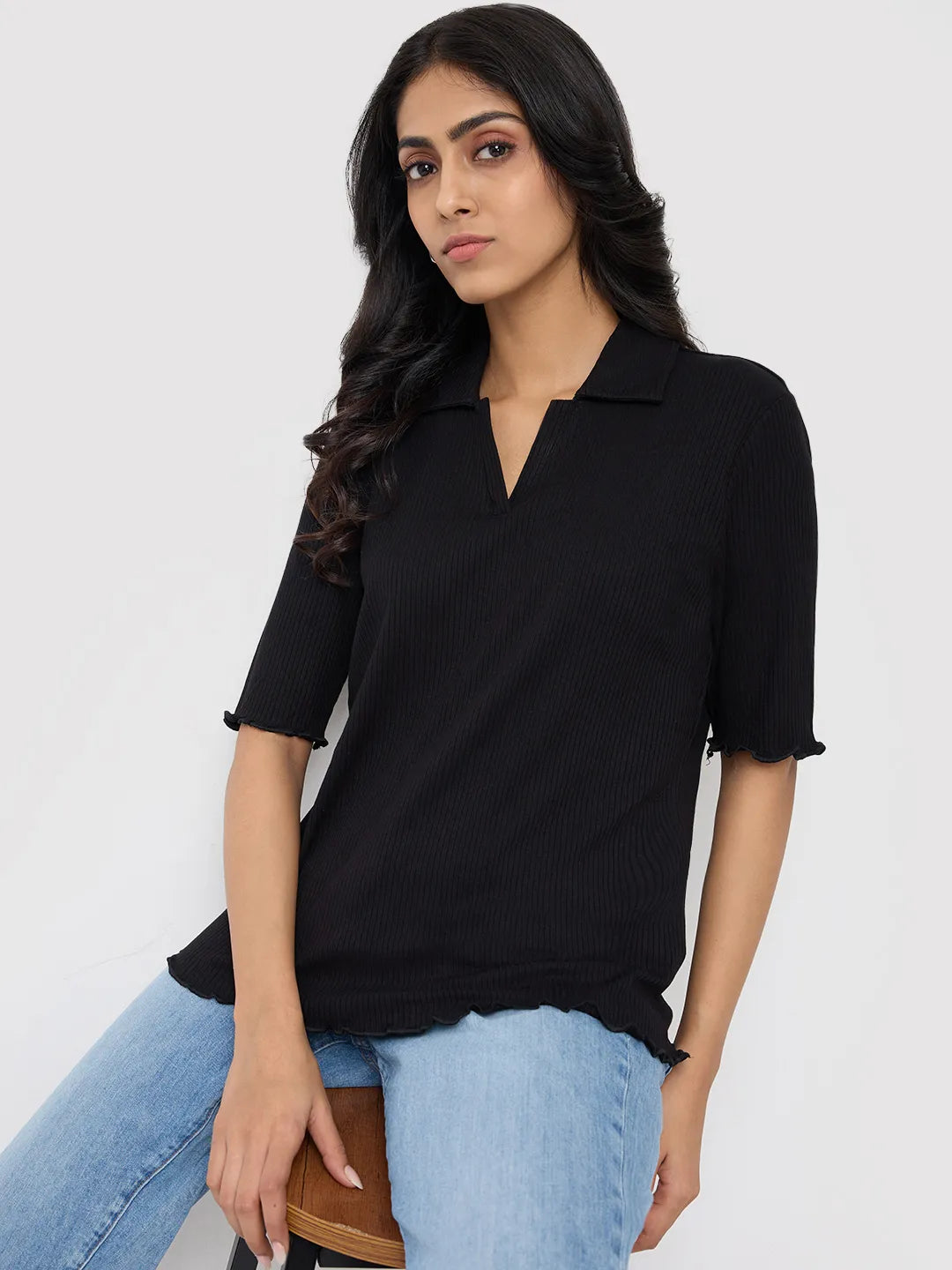 Women T-Shirt Textured Black Regular Fit