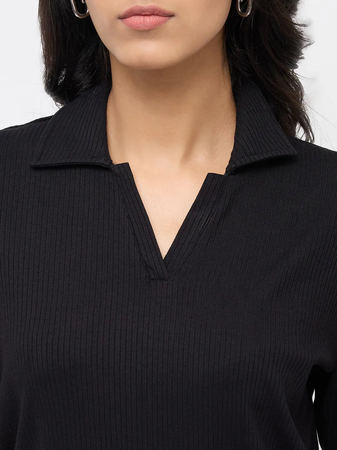 Women T-Shirt Textured Black Regular Fit