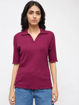 Women T-Shirt Textured Red Regular Fit