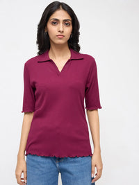 Women T-Shirt Textured Red Regular Fit