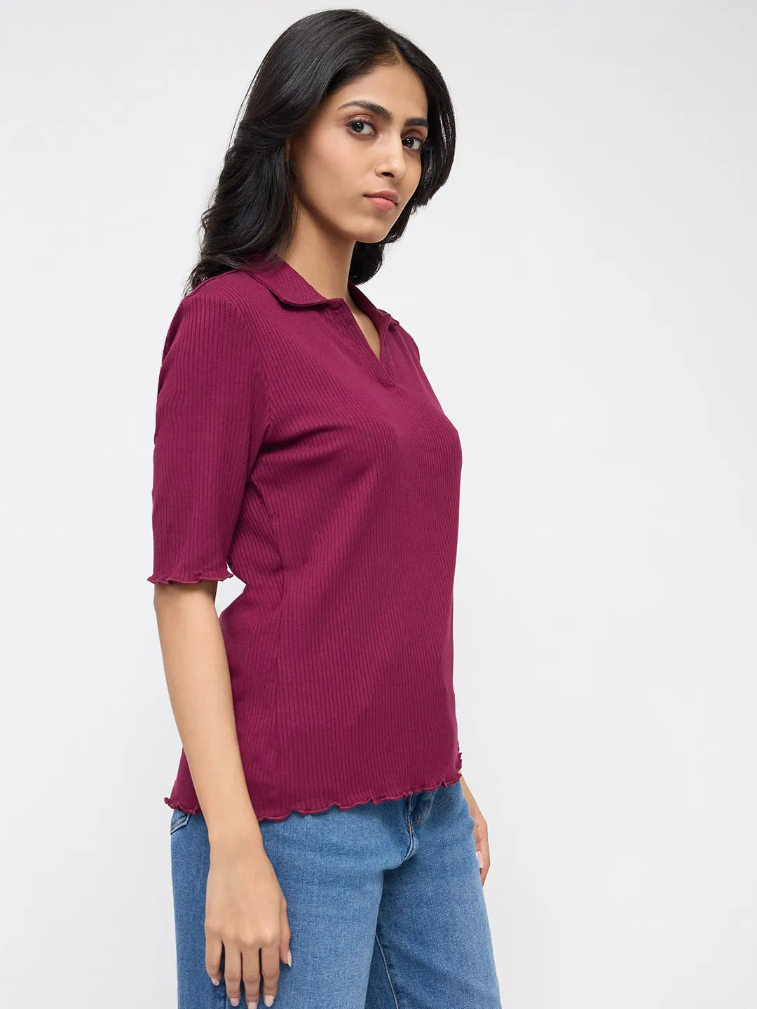 Women T-Shirt Textured Red Regular Fit