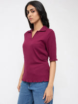 Women T-Shirt Textured Red Regular Fit