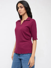 Women T-Shirt Textured Red Regular Fit
