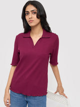 Women T-Shirt Textured Red Regular Fit