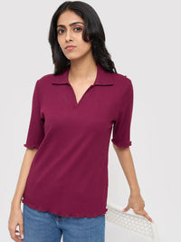 Women T-Shirt Textured Red Regular Fit