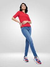 Women T-Shirt Textured Red Regular Fit