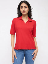 Women T-Shirt Textured Red Regular Fit