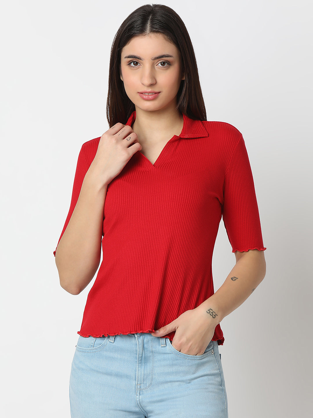 Spykar Crimson Red Slim Fit Half Sleeves T-shirt For Women