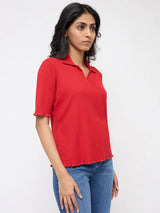 Women T-Shirt Textured Red Regular Fit