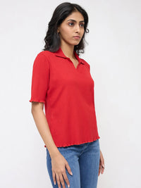 Women T-Shirt Textured Red Regular Fit