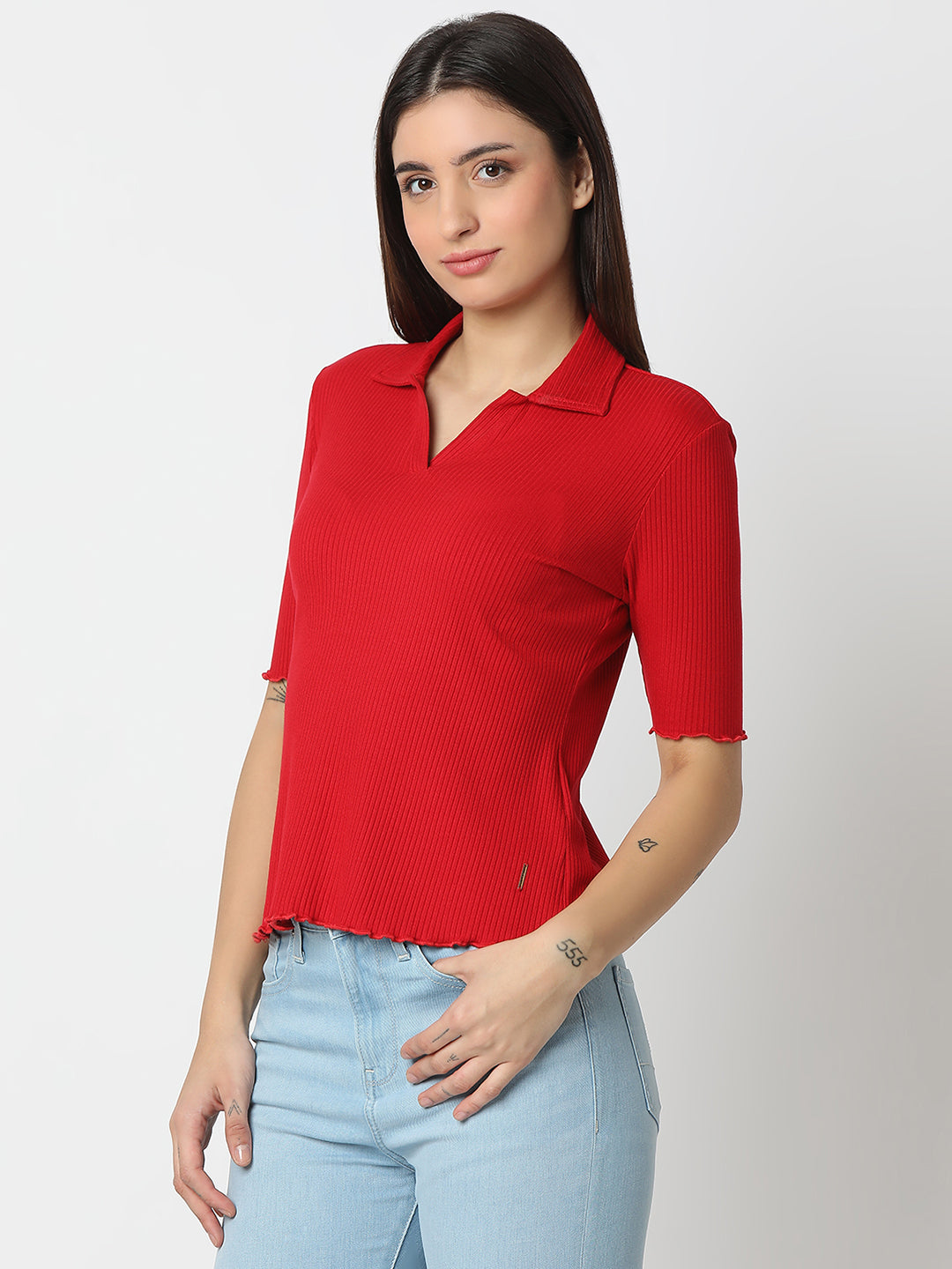 Spykar Crimson Red Slim Fit Half Sleeves T-shirt For Women