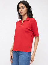 Women T-Shirt Textured Red Regular Fit