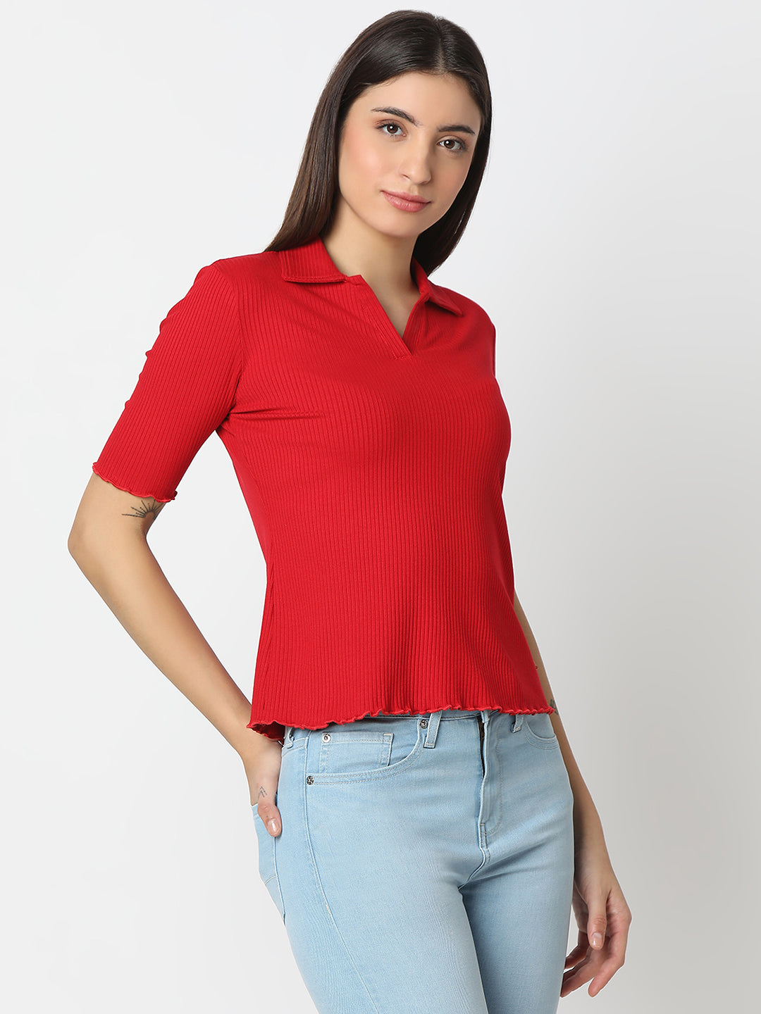 Spykar Crimson Red Slim Fit Half Sleeves T-shirt For Women