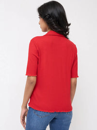 Women T-Shirt Textured Red Regular Fit
