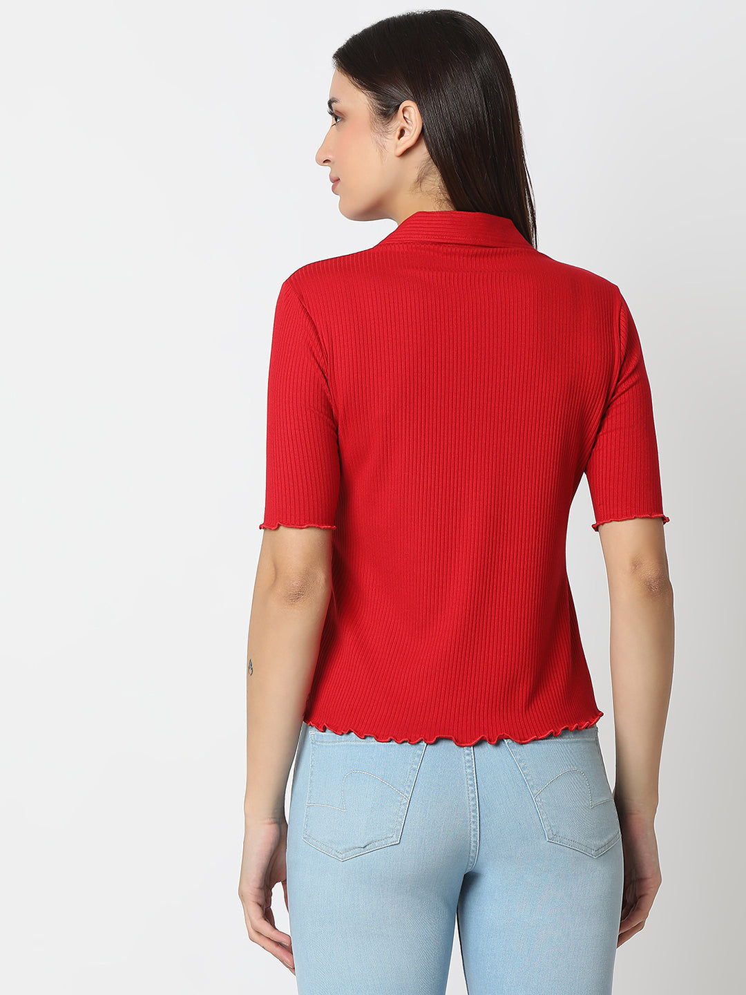 Spykar Crimson Red Slim Fit Half Sleeves T-shirt For Women