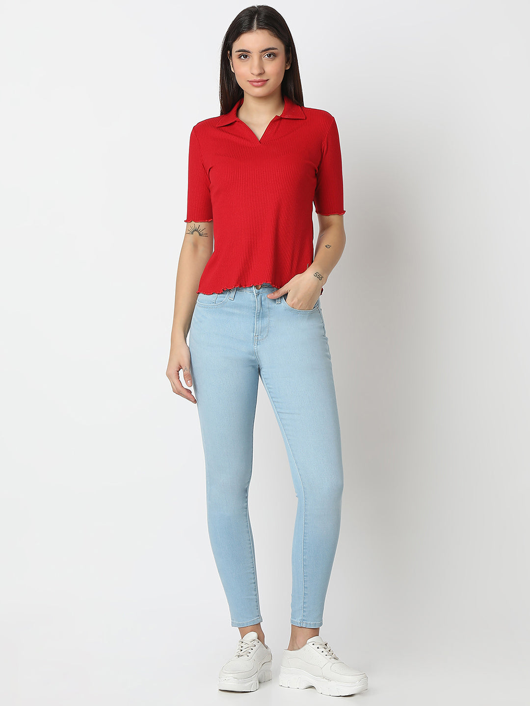 Spykar Crimson Red Slim Fit Half Sleeves T-shirt For Women