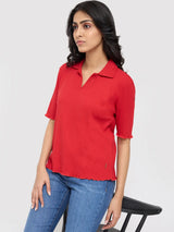 Women T-Shirt Textured Red Regular Fit