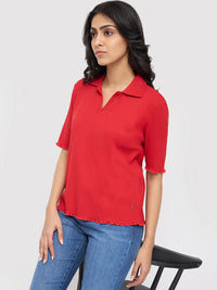 Women T-Shirt Textured Red Regular Fit