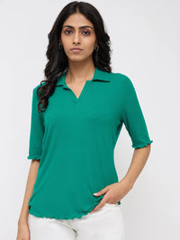 Women T-Shirt Textured Green Regular Fit