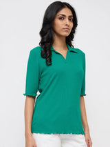 Women T-Shirt Textured Green Regular Fit