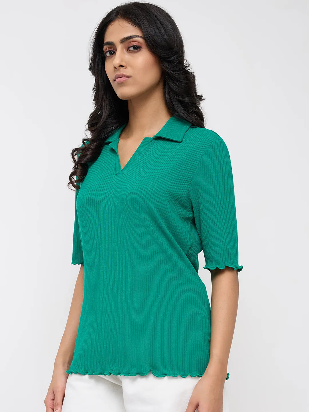 Women T-Shirt Textured Green Regular Fit