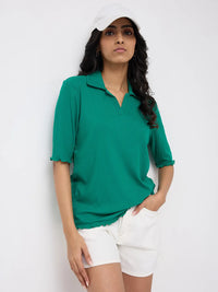 Women T-Shirt Textured Green Regular Fit