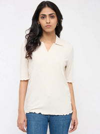 Women T-Shirt Textured White Regular Fit