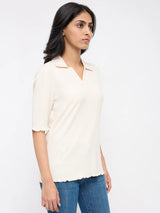 Women T-Shirt Textured White Regular Fit