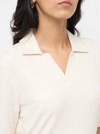 Women T-Shirt Textured White Regular Fit
