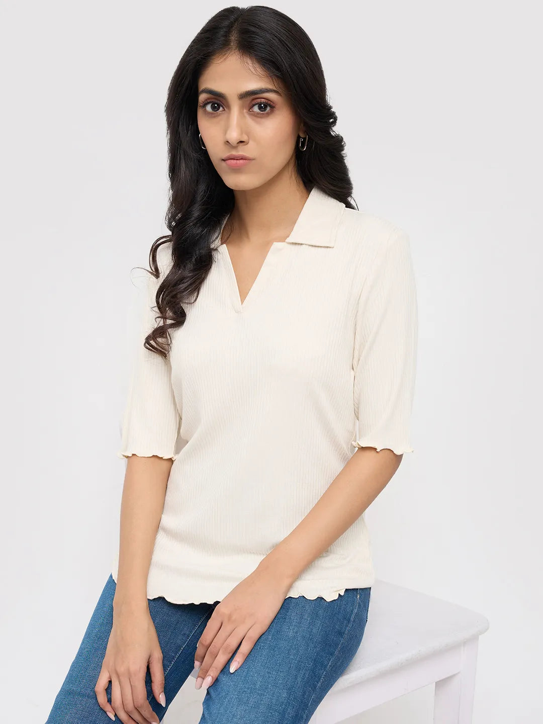 Women T-Shirt Textured White Regular Fit
