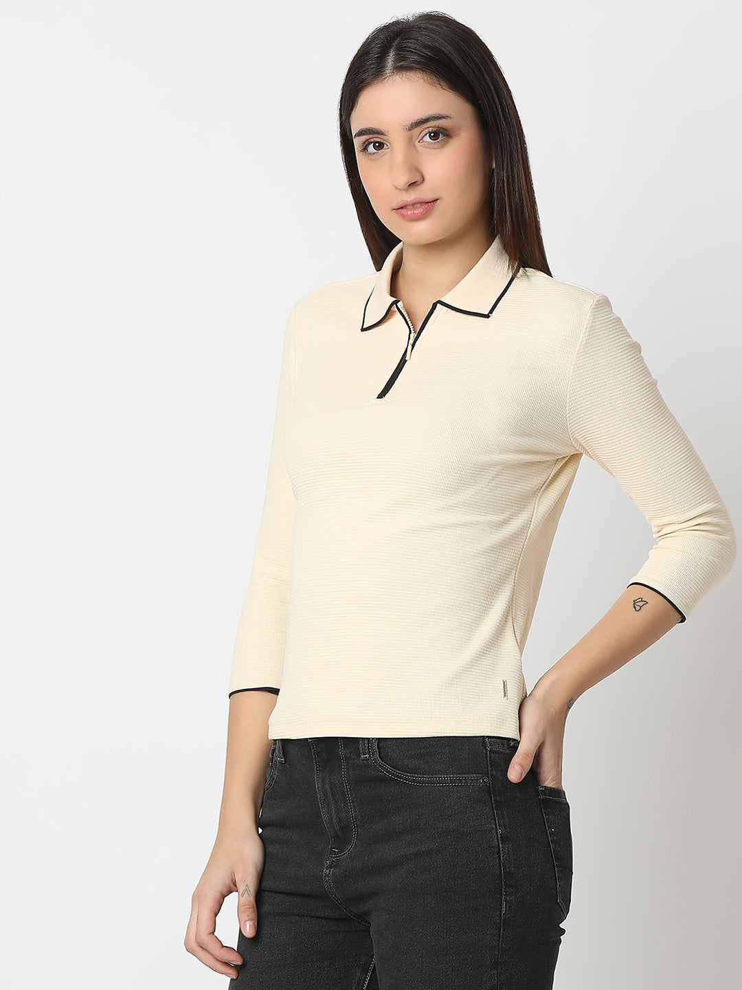 Spykar Ecru Slim Fit 3/4 Sleeves T-shirt For Women