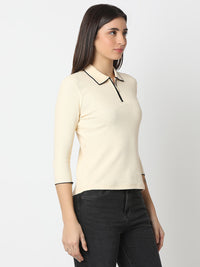 Women T-Shirt Solid Ecru Slim Fit
