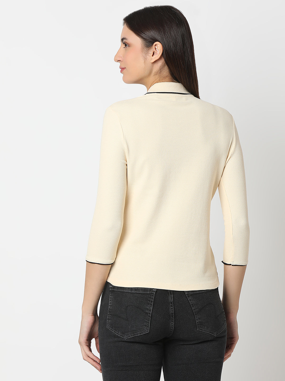 Women T-Shirt Solid Ecru Slim Fit