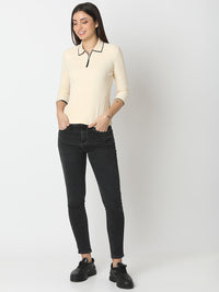 Women T-Shirt Solid Ecru Slim Fit