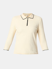 Women T-Shirt Solid Ecru Slim Fit