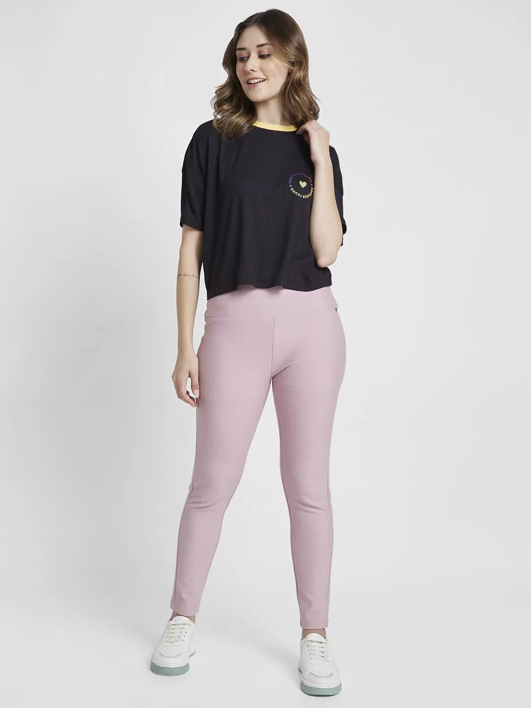 Women T-Shirt Solid Black Boxy Fit