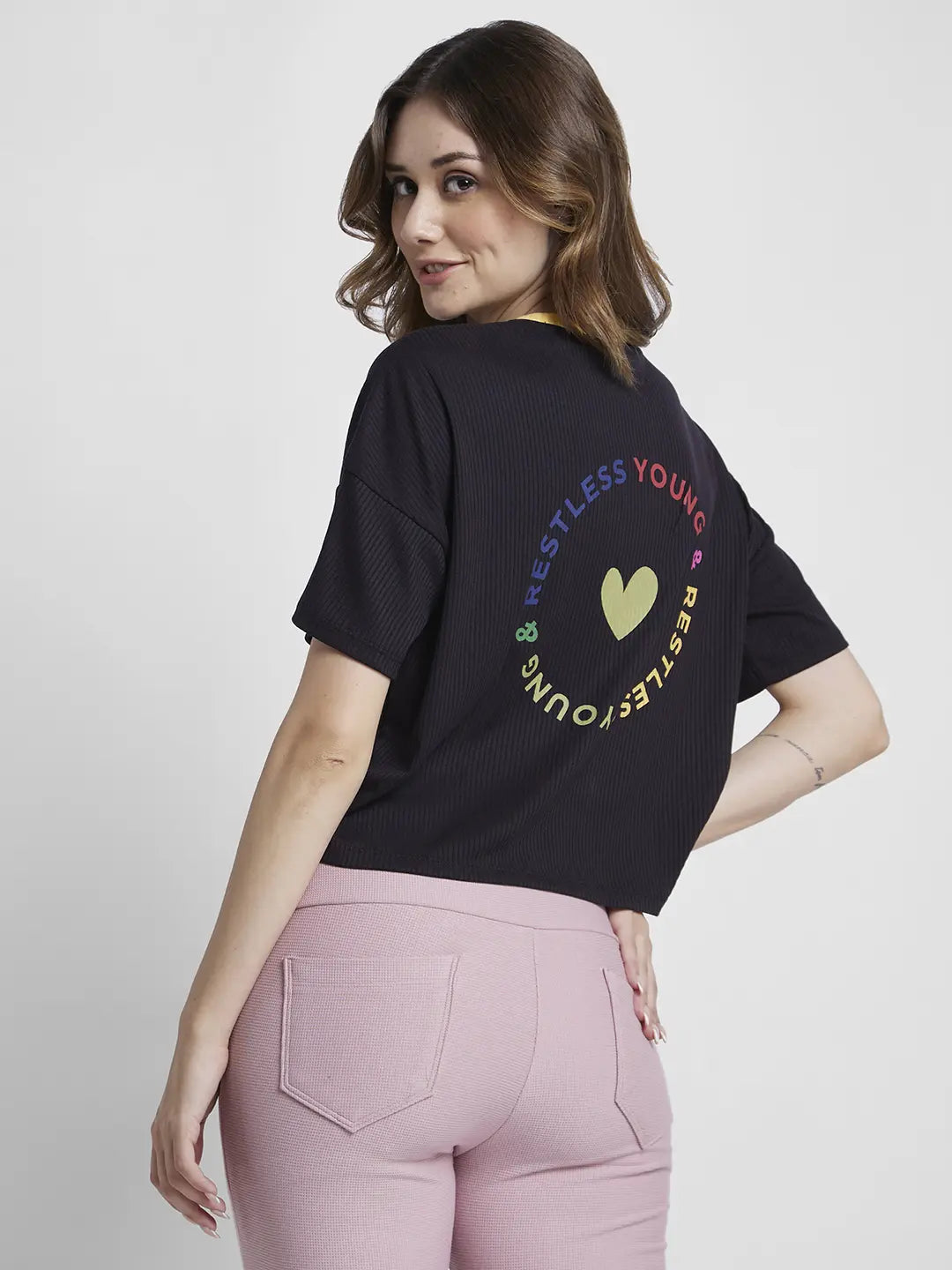 Spykar Black Boxy Fit Casual T-Shirts For Women