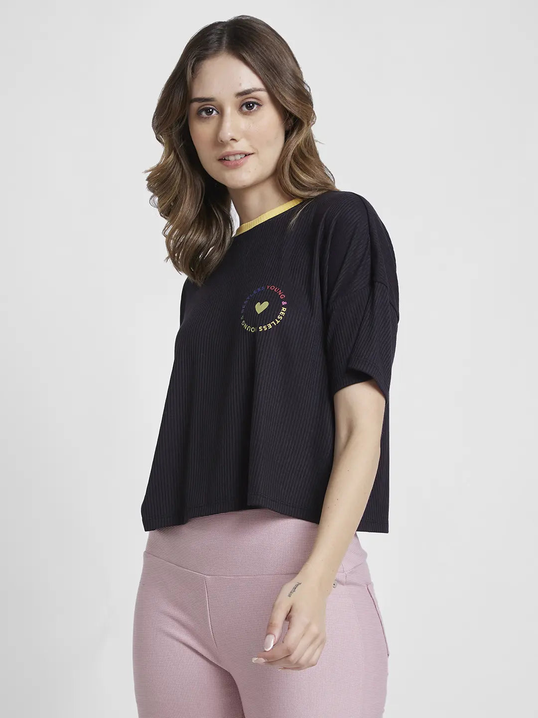 Spykar Black Boxy Fit Casual T-Shirts For Women