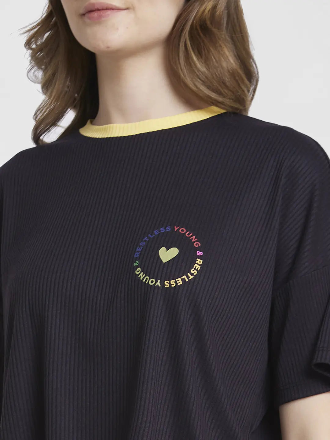 Women T-Shirt Solid Black Boxy Fit