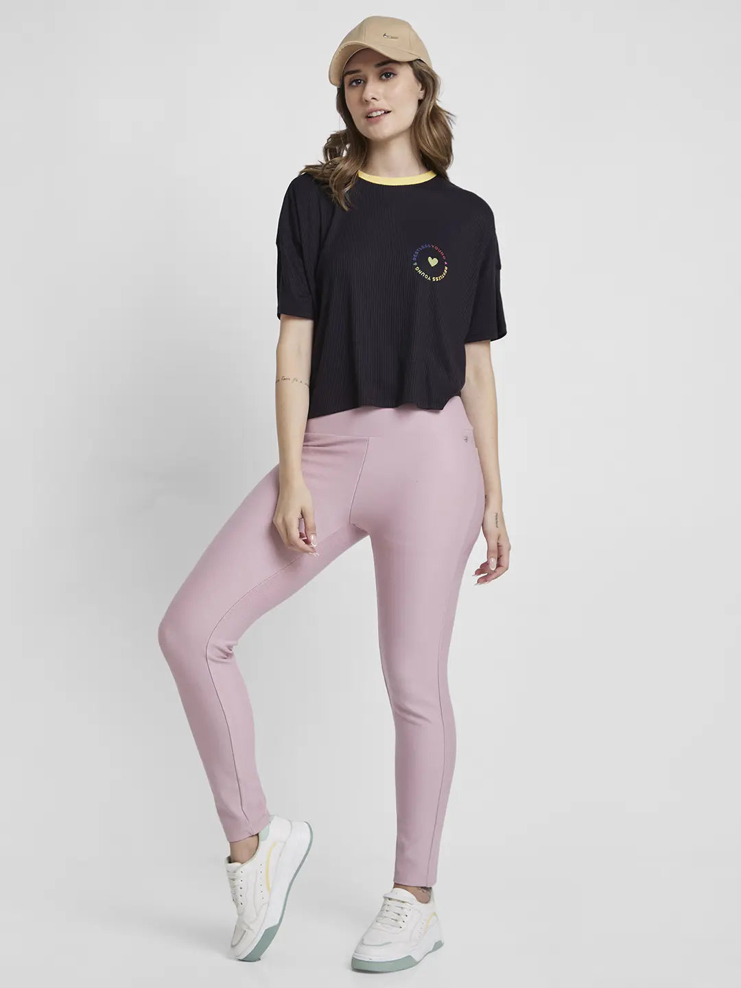 Spykar Black Boxy Fit Casual T-Shirts For Women